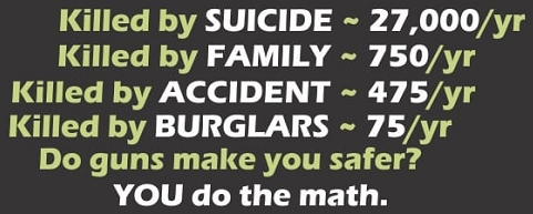 Killed by SUICIDE ~ 27,000/yr. Killed by FAMILY ~ 750/yr. Killed by ACCIDENT ~ 475/yr. Killed by BURGLARS ~ 75/yr. Do guns make you safer? YOU do the math.